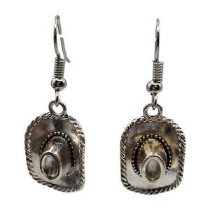 Pierced Cowboy Cowgirl Hats Earrings Rope Edged Fun Novelty Dangle Silver Tone